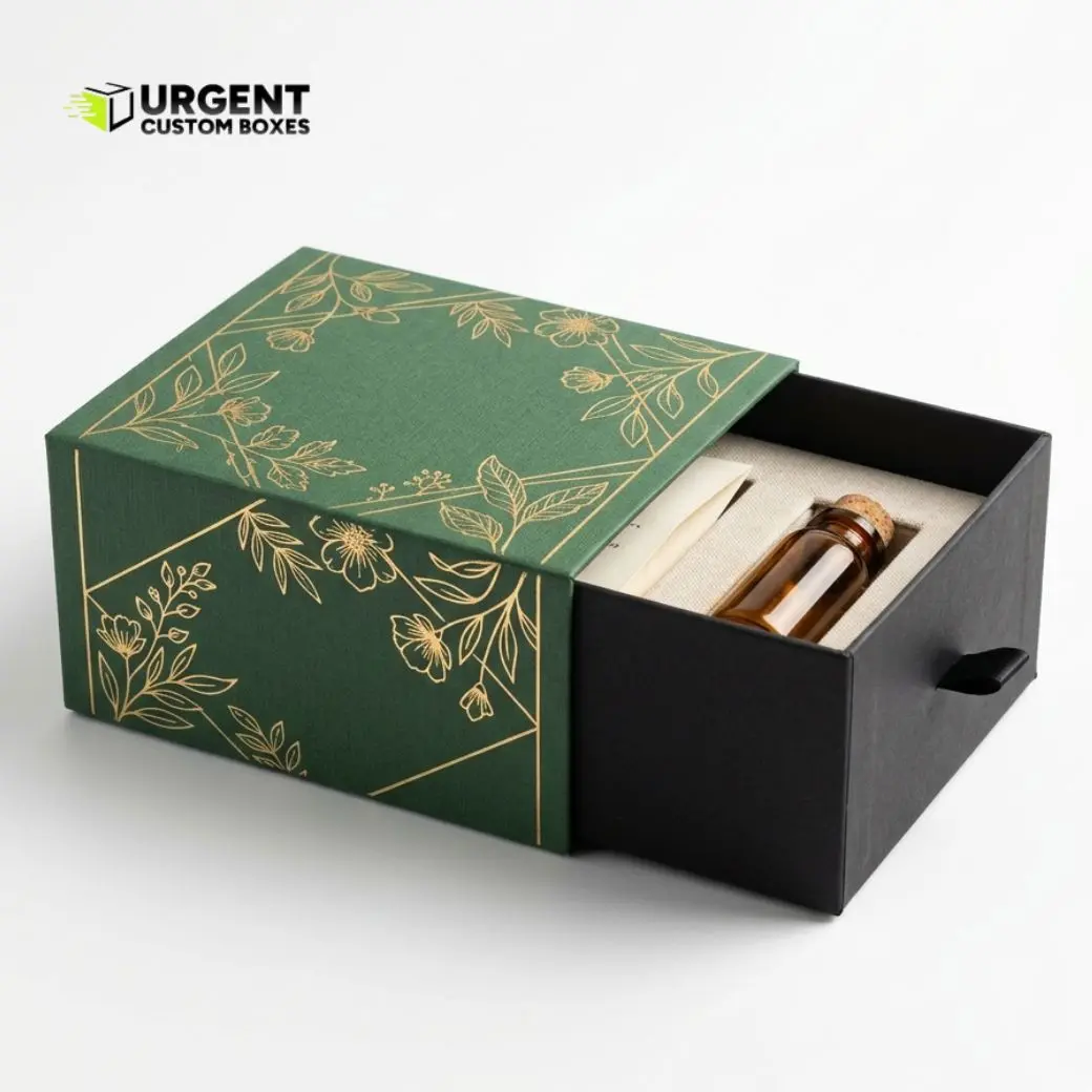 Custom sleeve style gift packaging featuring a textured green slide-on sleeve with gold floral line art over a black drawer box