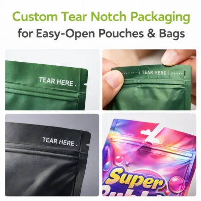 Custom tear notch Mylar bags showing easy-open pouch design