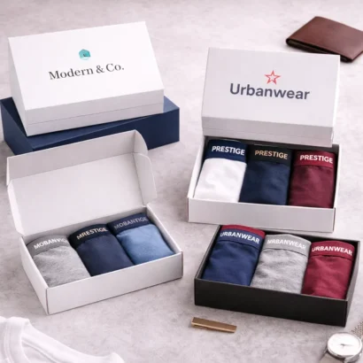 Custom underwear boxes with folded boxer briefs on grey background