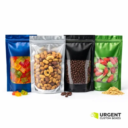 Custom window Mylar bags displaying food products