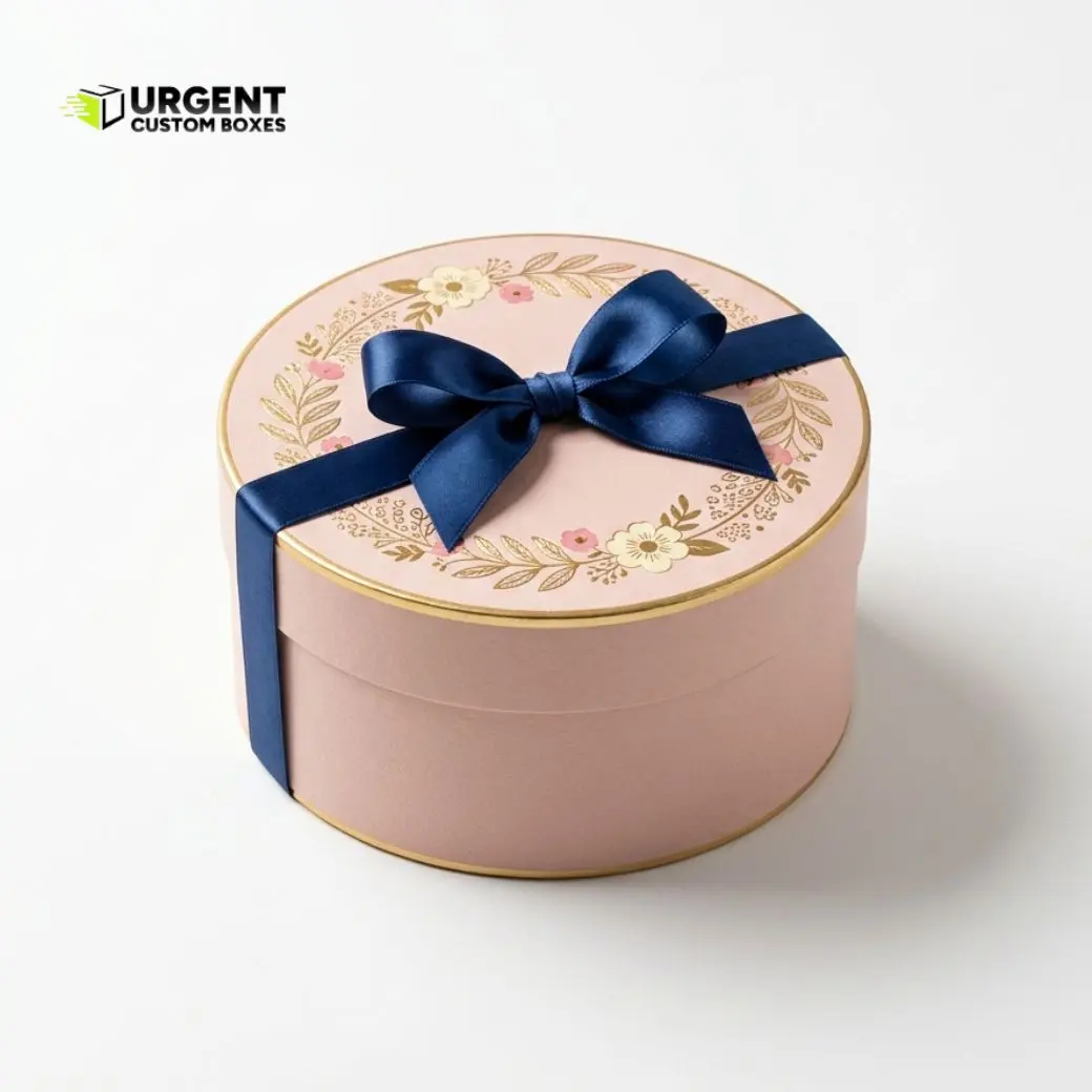 Customized round shape gift box in elegant pink with gold floral patterns and a luxury blue satin ribbon bow