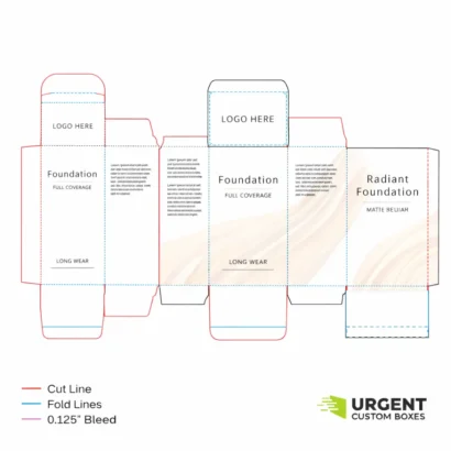 Dieline template for foundation packaging showing fold lines, cut lines, and branding placeholders with Urgent Custom Boxes logo