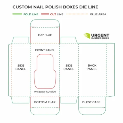 Dieline template of a nail polish box showing fold lines, cut lines, glue areas, and labeled panels