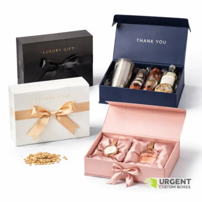 Elegant custom gift boxes with luxury items and Urgent Custom Boxes logo on a white background