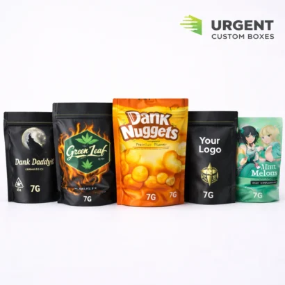 Five custom 7G Mylar bags with branding on white background