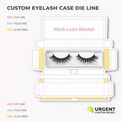 Flat dieline template for a custom eyelash case showing cut, fold, and glue lines with logo placement