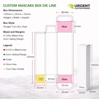 Flat dieline template for a straight tuck mascara box, showing cut lines, fold lines, glue flaps, and dimensions