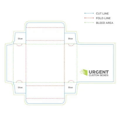 Flat dieline template for custom eye shadow box with cut, fold, and bleed lines, including glue tabs