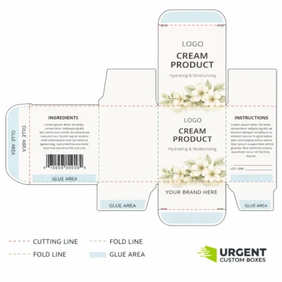 Flat dieline template of a custom cream box showing cut, fold, and glue areas with Urgent Custom Boxes logo