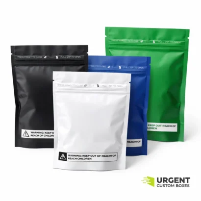 Four child-resistant Mylar bags in black, white, blue, and green on a white background