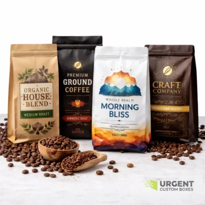 Four custom coffee bags on a white surface with scattered coffee beans, featuring a variety of blends