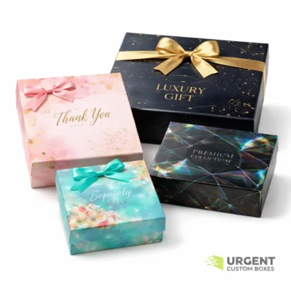 Four custom gift boxes with glossy finishes on a white background with Urgent Custom Boxes logo