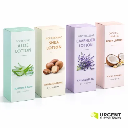 Four custom lotion boxes on a white background with Urgent Custom Boxes logo