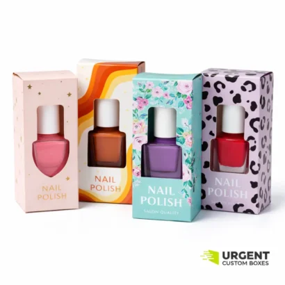 Four custom nail polish boxes with window cutouts displayed on a white background with Urgent Custom Boxes logo