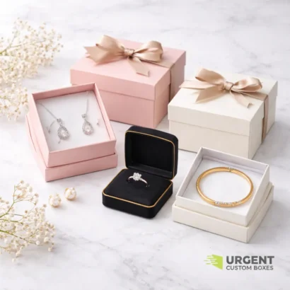 Four elegant jewelry gift boxes with rings, earrings, and a bangle on a marble surface