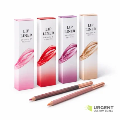 Four lip liner boxes with matching lip liners on a white background, Urgent Custom Boxes logo in the corner