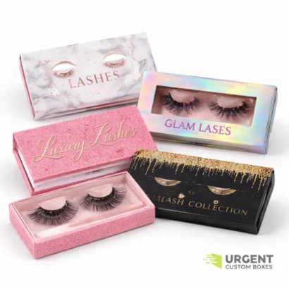Four stylish eyelash boxes arranged on a white background with Urgent Custom Boxes logo