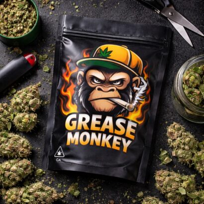 Grease Monkey Mylar bag with cannabis buds and accessories