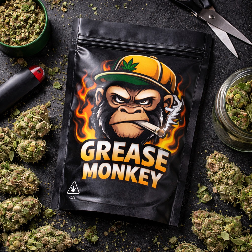 Grease Monkey Mylar bag with cannabis buds and accessories