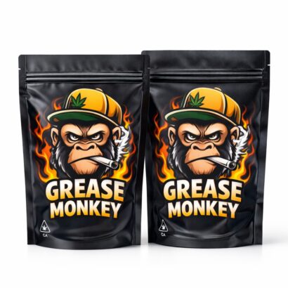 Grease Monkey custom Mylar bags with bold printed branding
