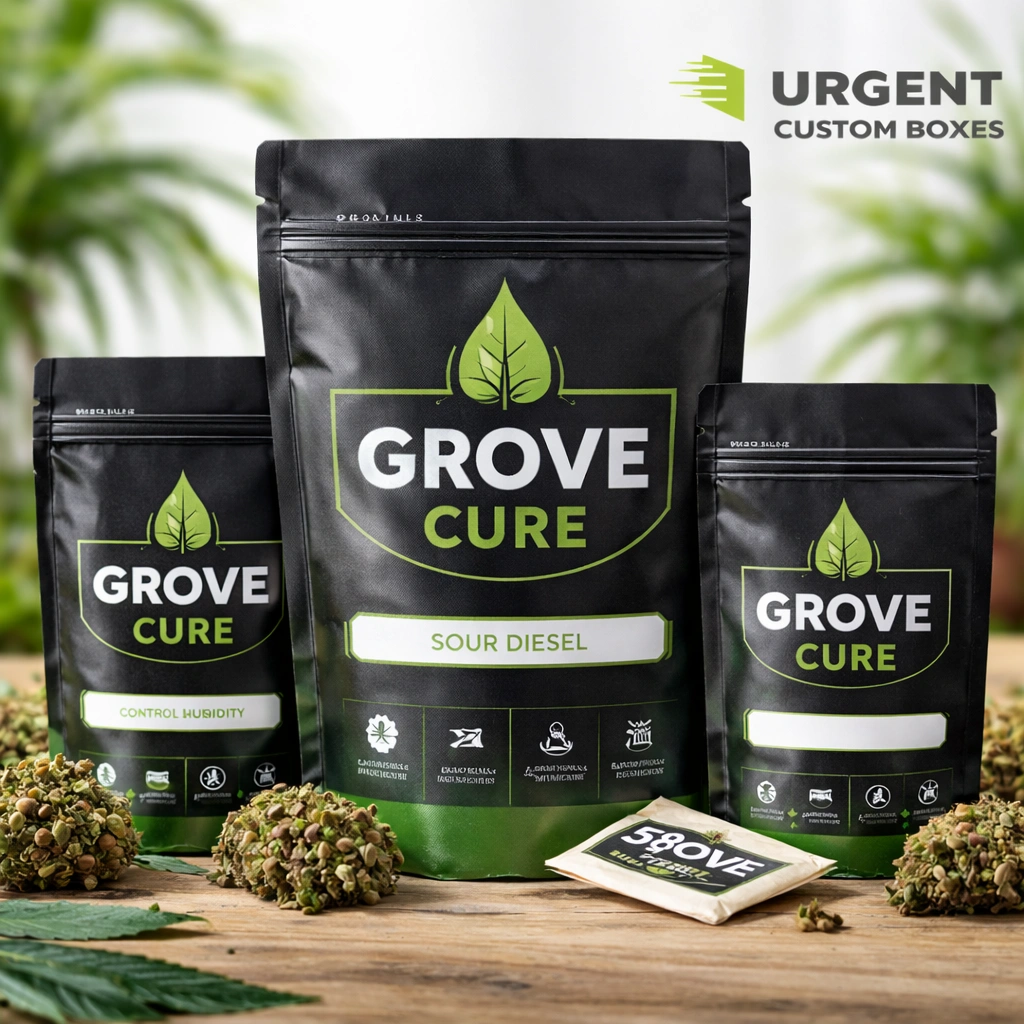 Grove Cure Mylar bags with cannabis buds