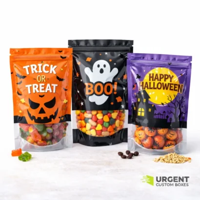 Halloween-themed Mylar bags with candies and Urgent Custom Boxes logo