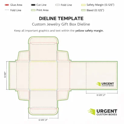 Jewelry gift box dieline template with fold and cut lines