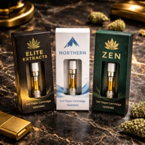 Luxury 1ml vape cartridge boxes on black marble surface with gold accents