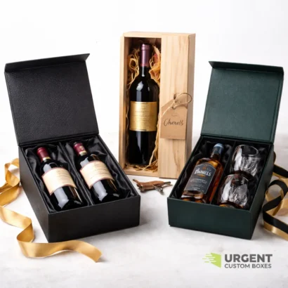 Luxury wine and whiskey gift boxes with Urgent Custom Boxes logo.