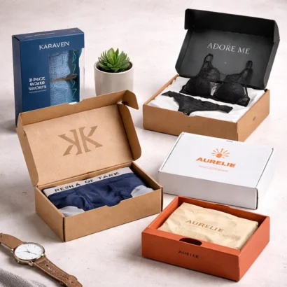 Mixed custom underwear and lingerie boxes with premium packaging display