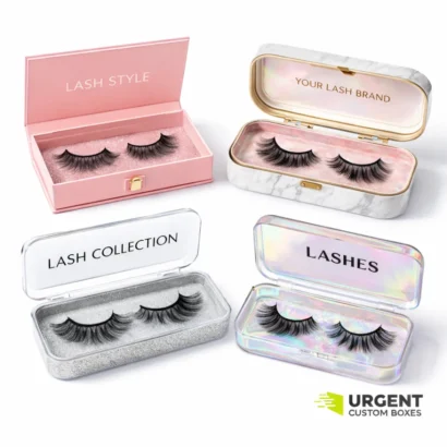 Modern eyelash cases in different designs on white surface