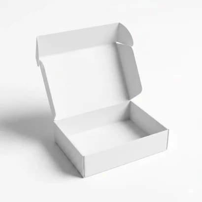 Open white custom mailer box with professional shadows on a white background