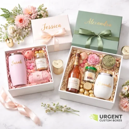 Personalized gift boxes with curated items and Urgent Custom Boxes logo