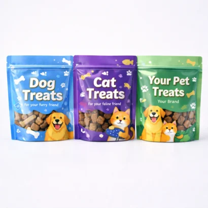Pet treat Mylar bags with zip closure and printed branding