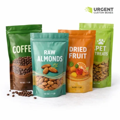 Printed 16 oz Mylar bags for true 1 lb fills on warm bokeh background