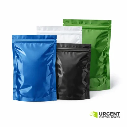 Resealable Mylar bags in blue, black, white, and green with Urgent Custom Boxes logo.