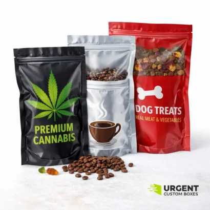 Smell-proof Mylar bags with cannabis, coffee, and dog treats