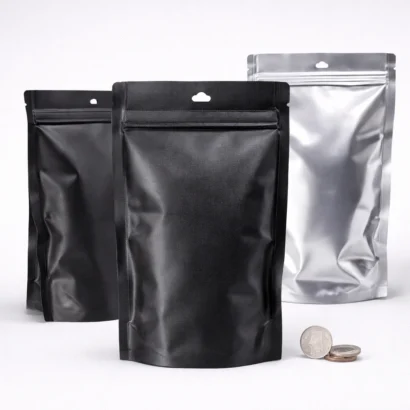 Three 7 Mil Mylar bags with logo on white background