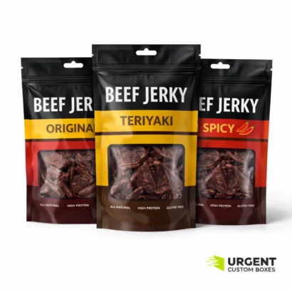 Three beef jerky bags in Original, Teriyaki, and Spicy flavors on a white background with Urgent Custom Boxes logo