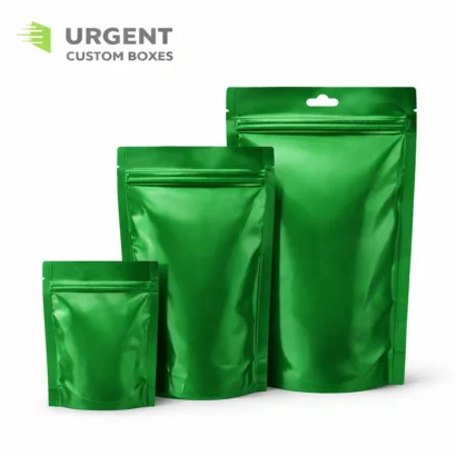 Three green Mylar bags with logo