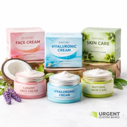 Three pastel-colored cream jars with matching custom boxes on a white background, featuring Urgent Custom Boxes logo