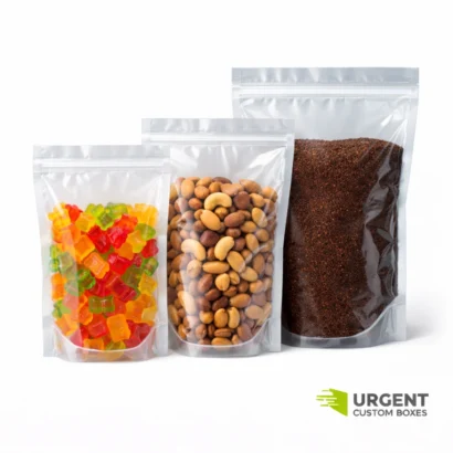Transparent stand-up Mylar pouches with food products