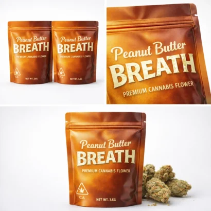 Two Peanut Butter Breath Mylar bags, one holographic and one matte black, with cannabis leaf symbols