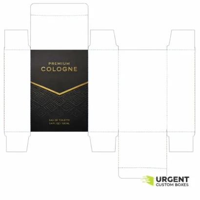 Unfolded cologne box dieline template with fold and cut lines and Urgent Custom Boxes logo