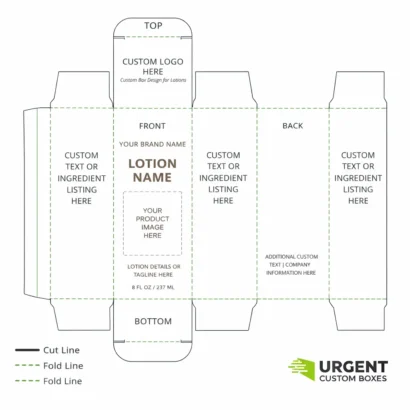Unfolded lotion box dieline with panels and logo
