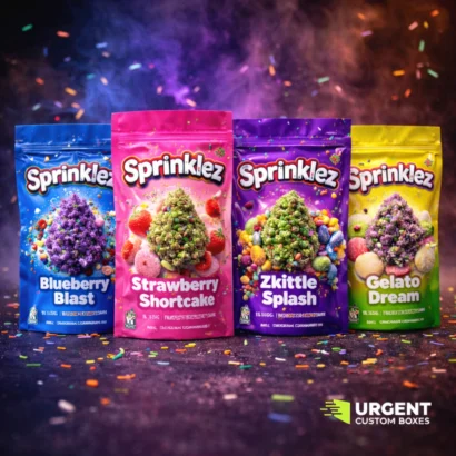 Vibrant Sprinklez strain Mylar packaging on dark background
