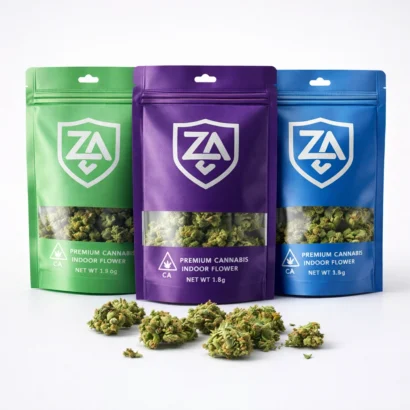 ZA branded Mylar bags with window display and cannabis flower inside