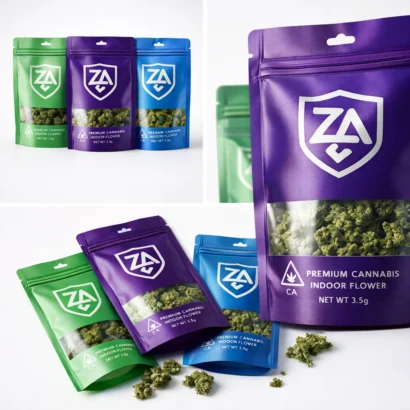 ZA cannabis Mylar packaging bags with logo and window display