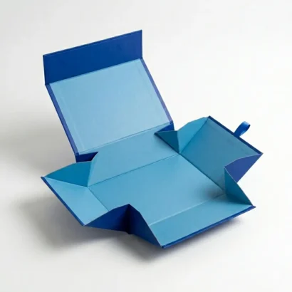 An open blue custom coloured mailer box with a professional shadow on a white background