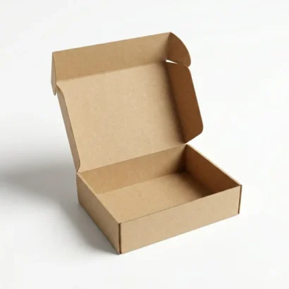 An open brown custom kraft mailer box on a white background